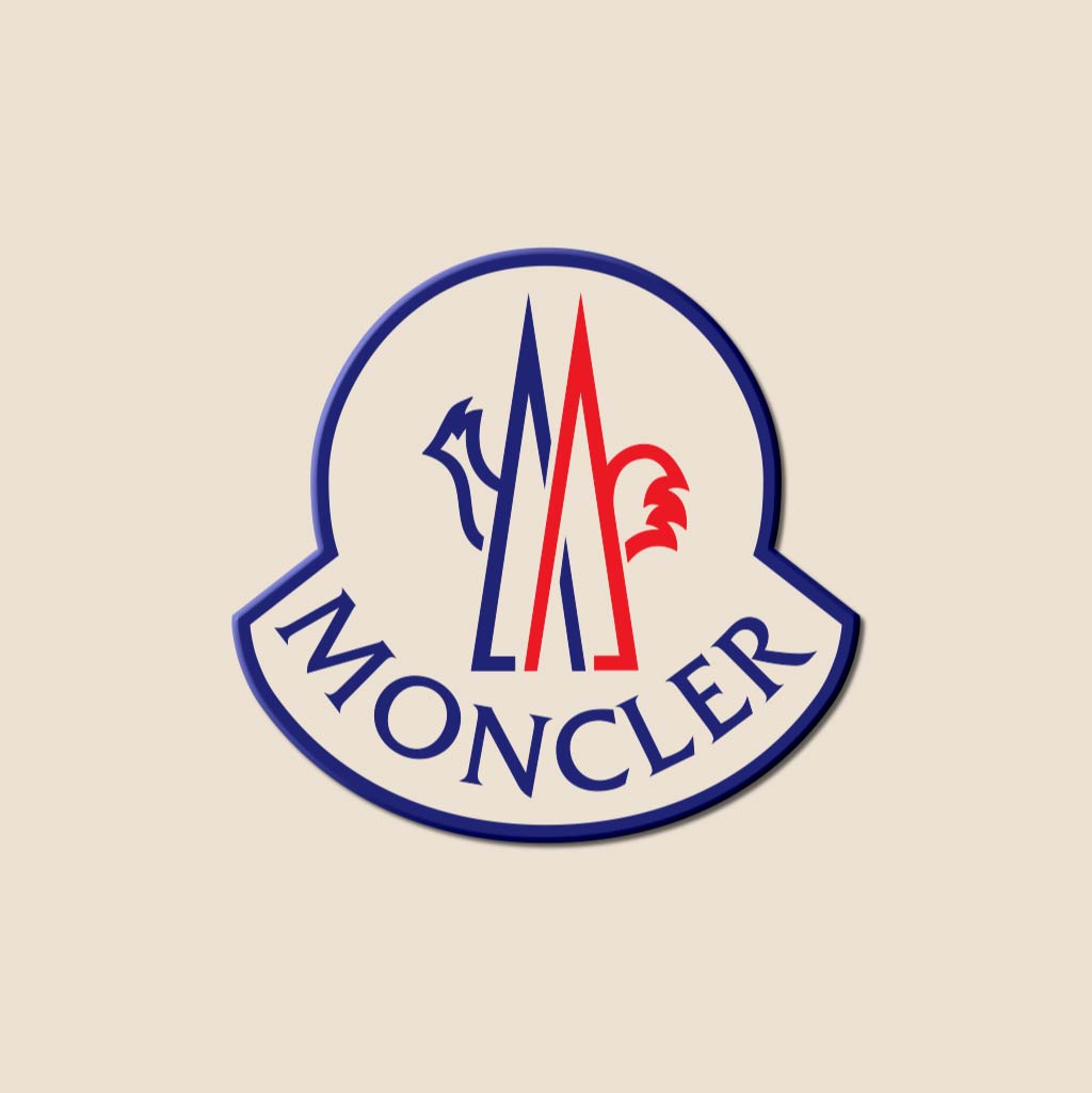 Moncler logo in its first state, featuring a stylized M and rooster in bold red and blue tones.