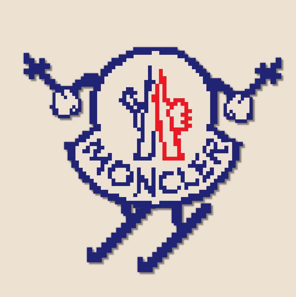 A pixelized version of the Moncler logo, featuring skis, poles, and retro-inspired design. 