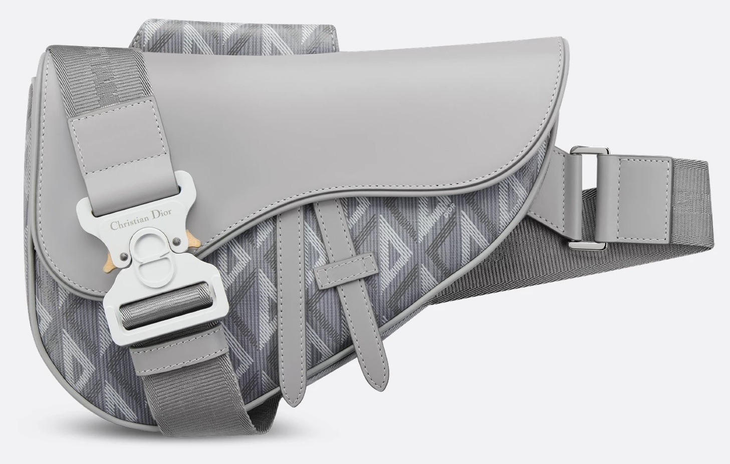 Dior saddle bag in gray leather and the CD Diamond canvas, with a polished silver buckle.