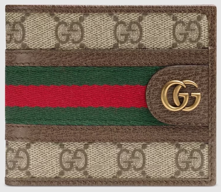 Gucci cardholder in beige canvas with the GG monogram, green and red web stripe, and gold GG emblem.