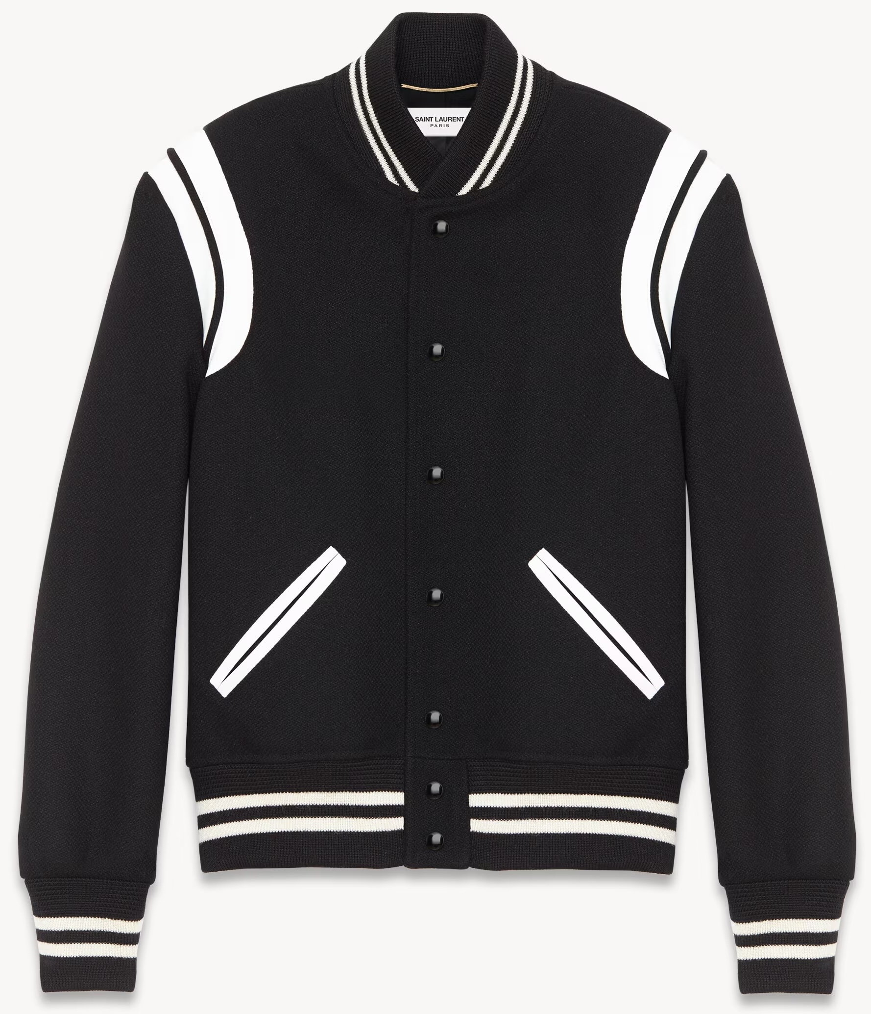 Saint Laurent black Teddy jacket with white leather trim and ribbed cuffs.