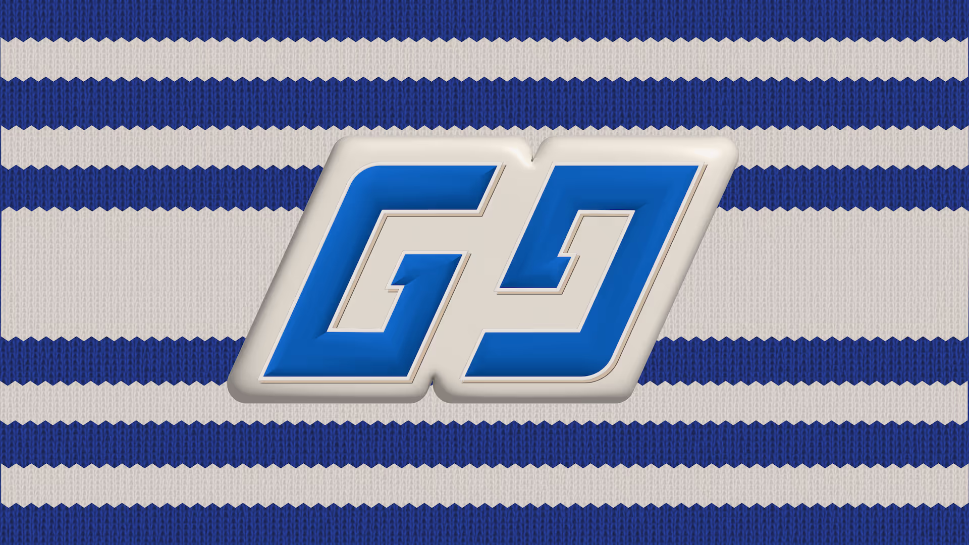 An angled interlocking G motif with a modern blue finish, set against a striped blue and white knitted background.