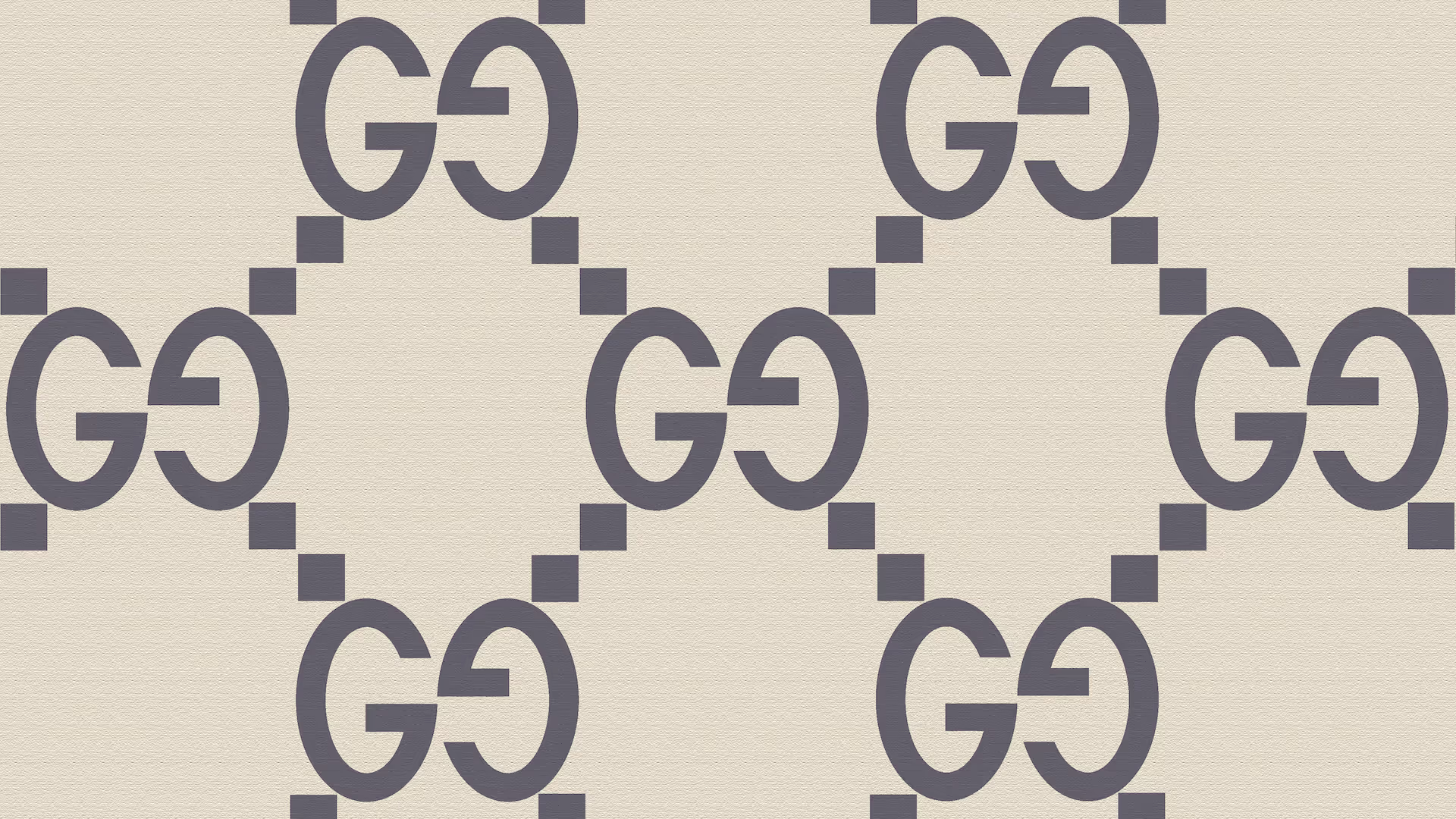 A pattern of repeating interlocking G motifs in navy blue on a textured beige canvas background, evoking Gucci’s classic monogram.