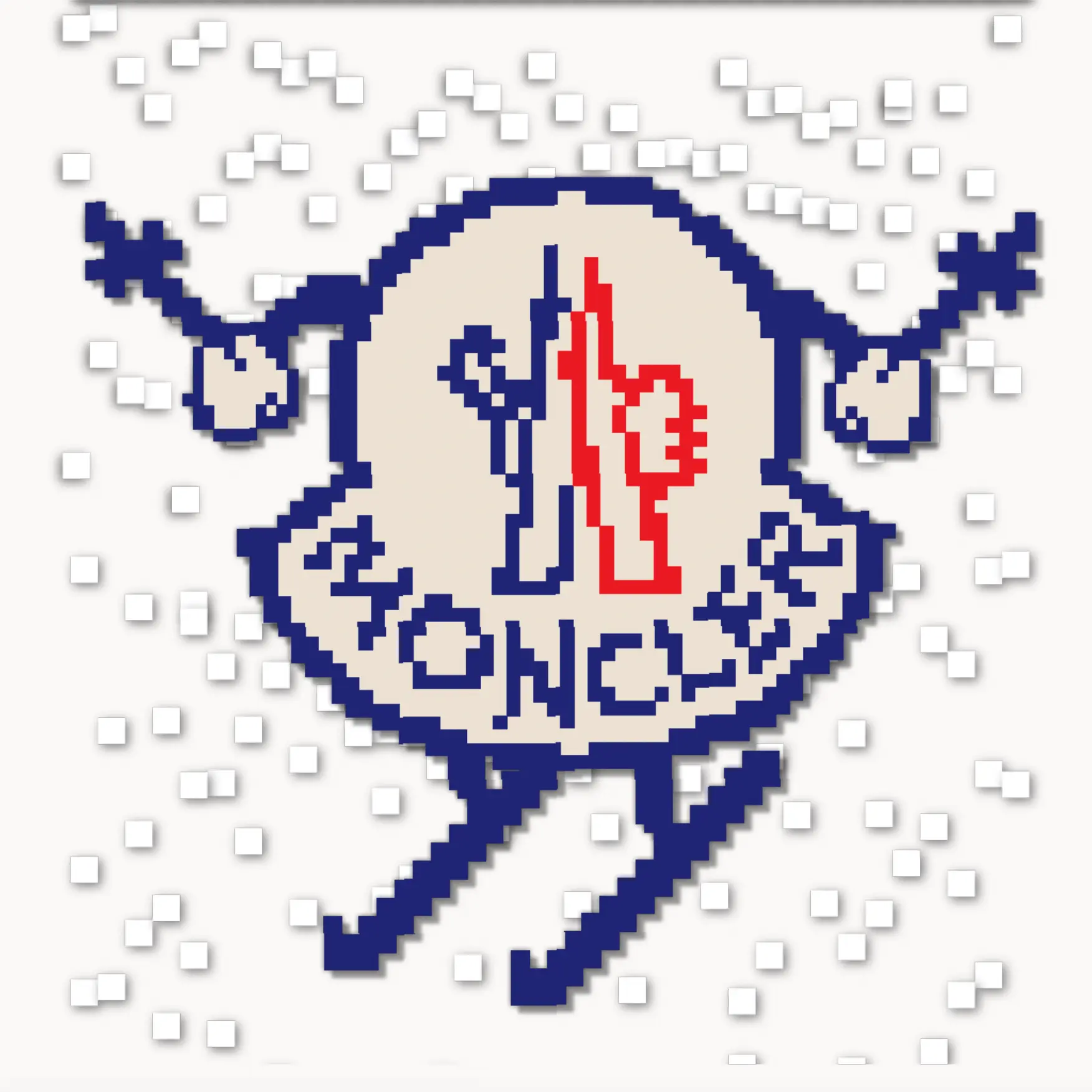 Pixelated Moncler logo with pixelated snow falling